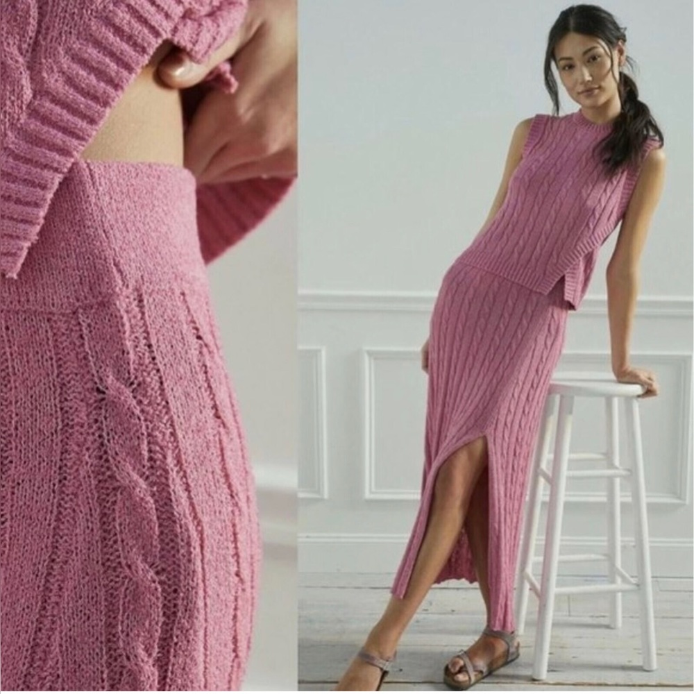 Anthropologie Current Air Cable Knit Slit Sweater Midi Skirt In Pink